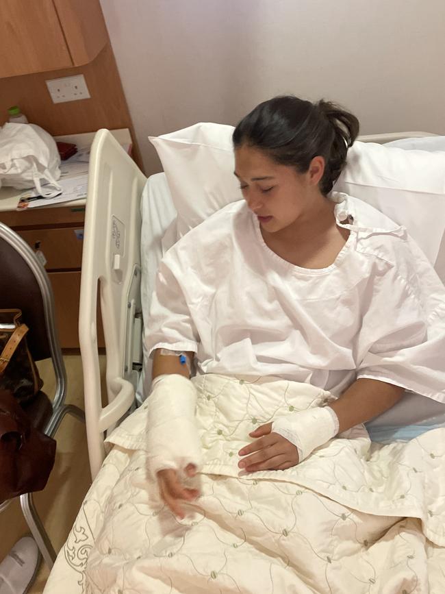 Gabby Rivers in hospital post-double wrist surgery