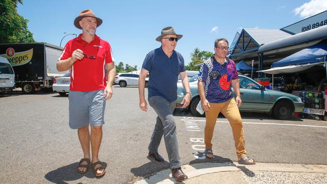 Opposition Leader Anthony Albanese, centre, with Member for Johnston Joel Bowden and Member For Solomon Luke Gosling at the Rapid Creek Markets today. Picture: Glenn Campbell