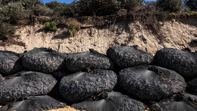 Council exhausted Australia’s supply of large rock bags used to hold the sand and minimise sand erosion at Wamberal. Picture: NCA NewsWire / Darren Leigh Roberts