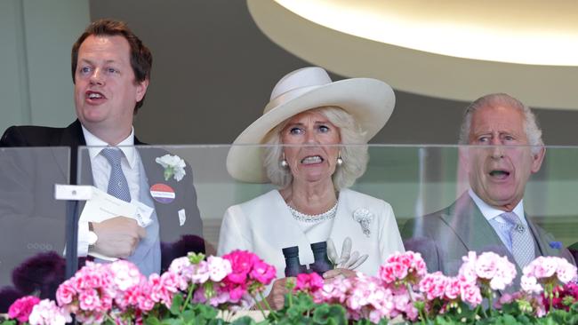 Tom Parker Bowles, Queen Camilla and King Charles III watch a race during day one of Royal Ascot 2023. Picture: Chris Jackson/Getty Images