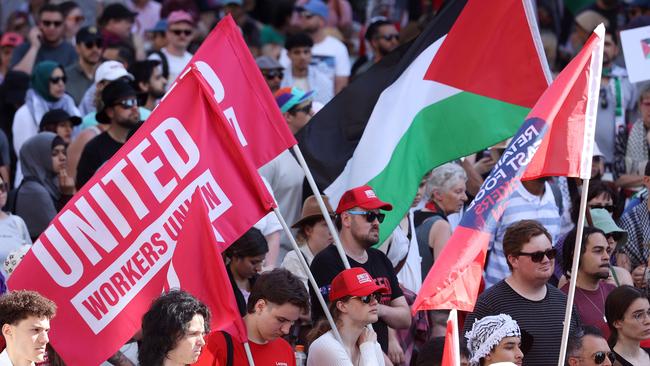 United Workers Union along with thousands gather for a pro-Palestinian rally in Brisbane last November. Picture: Liam Kidston