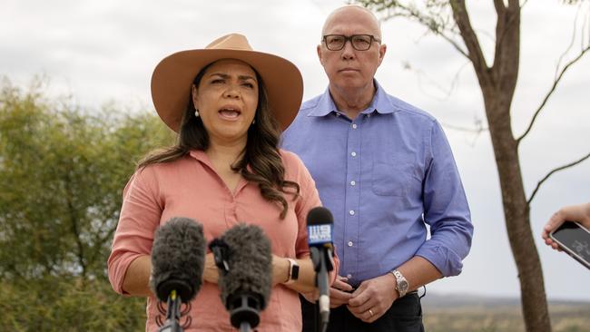 Opposition Leader Peter Dutton and Senator Jacinta Nampijinpa Price in Alice Springs in 2023. Picture: Liam Mendes