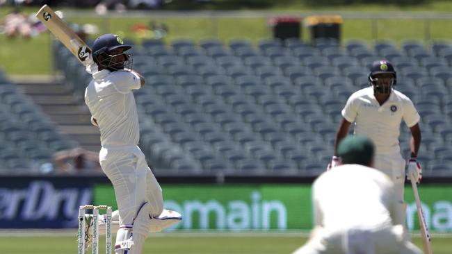 Cheteshwar Pujara hits out against Australia. Picture: AP