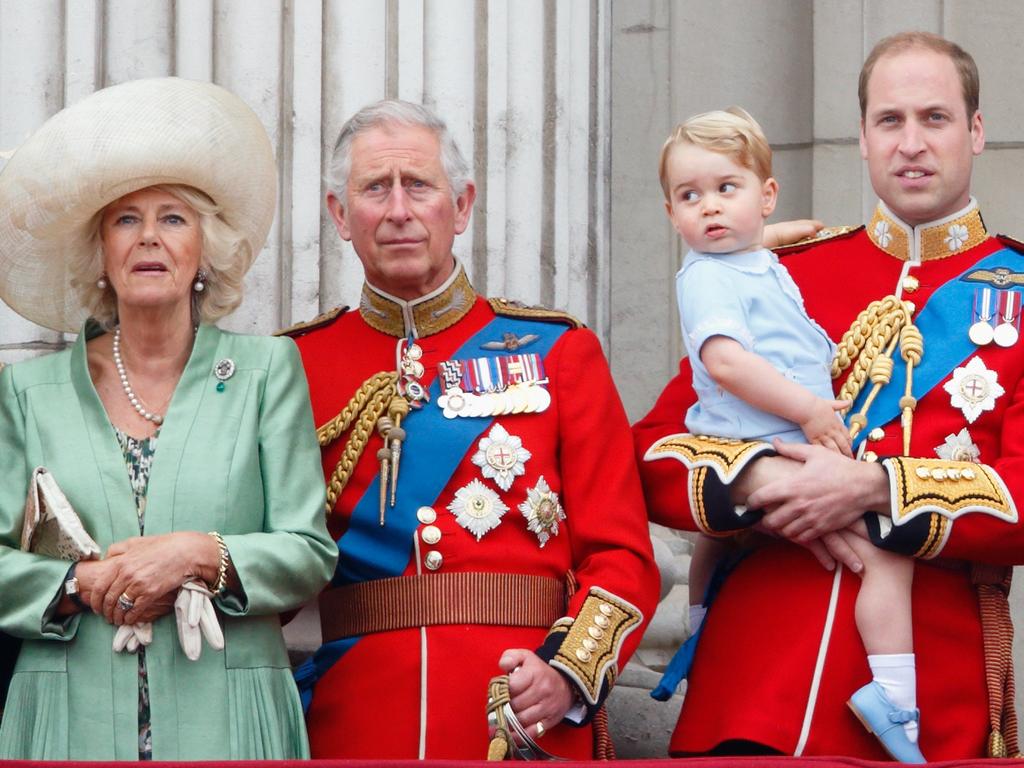 Camilla, Duchess of Cornwall, Prince Charles, Prince of Wales, Prince William, Duke of Cambridge and Prince George of Cambridge during Trooping the Colour. Picture: Getty Images