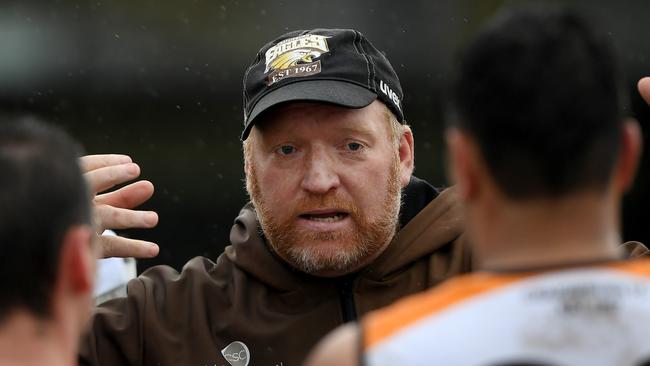 Craigieburn coach Lance Whitnall during the EDFLfootball match between Tullamarine and Craigieburn in Tullamarine, Saturday, June 29, 2019. Picture: Andy Brownbill