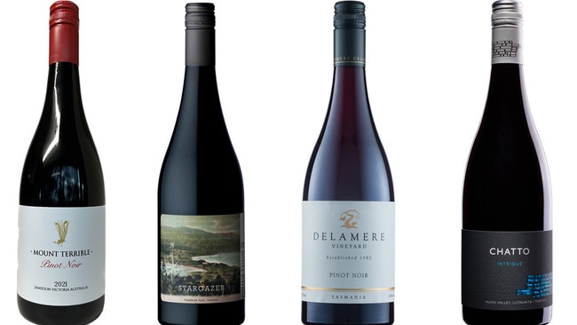 Mount Terrible Jamieson pinot noir 2021, Stargazer Palisander pinot noir 2022, Delamere Vineyard pinot noir 2022 and the Chatto pinot noir 2022.