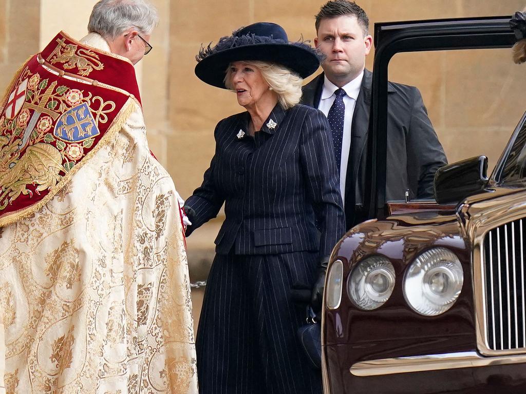 Camilla arriving at Windsor’s St George’s Chapel for the service on Tuesday morning, local time. Picture: Andrew Matthews/AFP