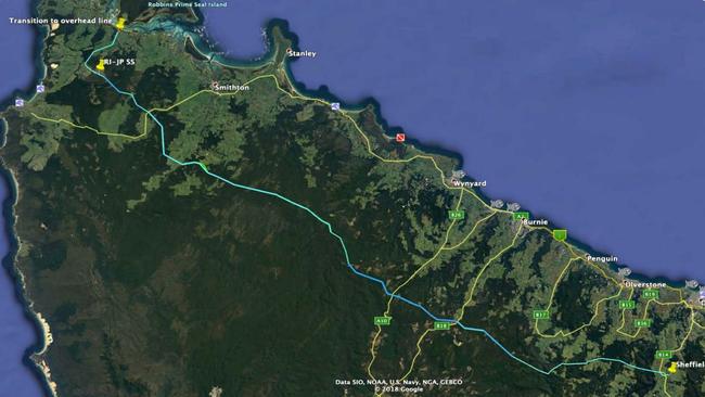 A proposed route for a 170km powerline between a wind farm on Robbins Island and Sheffield contained in an update published by UPC Renewables.