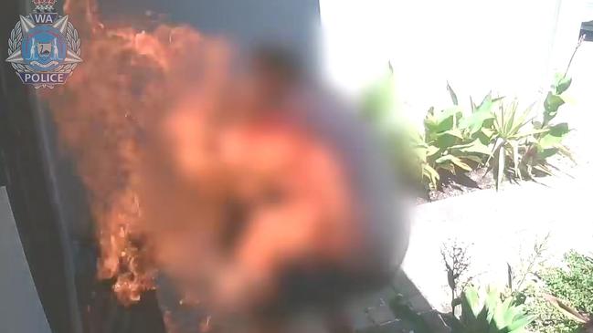 Shocking footage has revealed the moment a Perth man was allegedly set on fire with a blowtorch after being doused with gasoline. Picture: WA Police