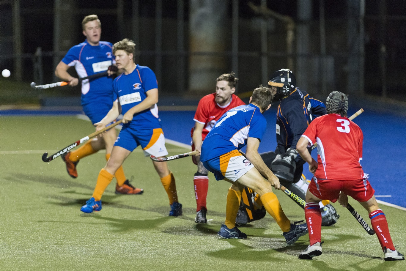 Newtown keeper Michael Elsasser defends against the Red Lion attack in Toowoomba Hockey COVID Cup men round four at Clyde Park, Friday, July 31, 2020. Picture: Kevin Farmer