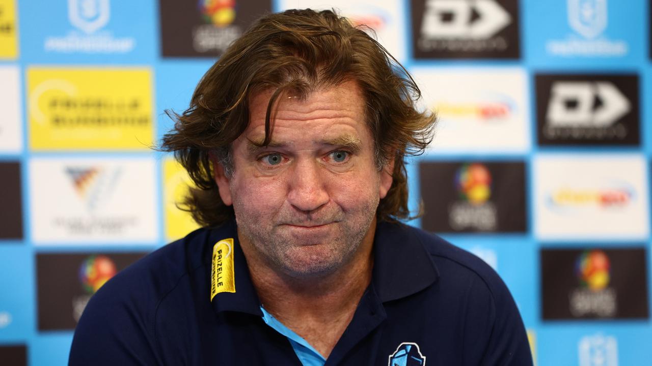 GOLD COAST, AUSTRALIA - MARCH 30: Des Hasler head coach of the Titans speaks to the media during the round four NRL match between Gold Coast Titans and Dolphins at Cbus Super Stadium, on March 30, 2024, in Gold Coast, Australia. (Photo by Chris Hyde/Getty Images)