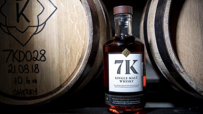 The new, small batch 7K Distillery Tasmanian Single Malt Whisky. Picture: LUKE BOWDEN