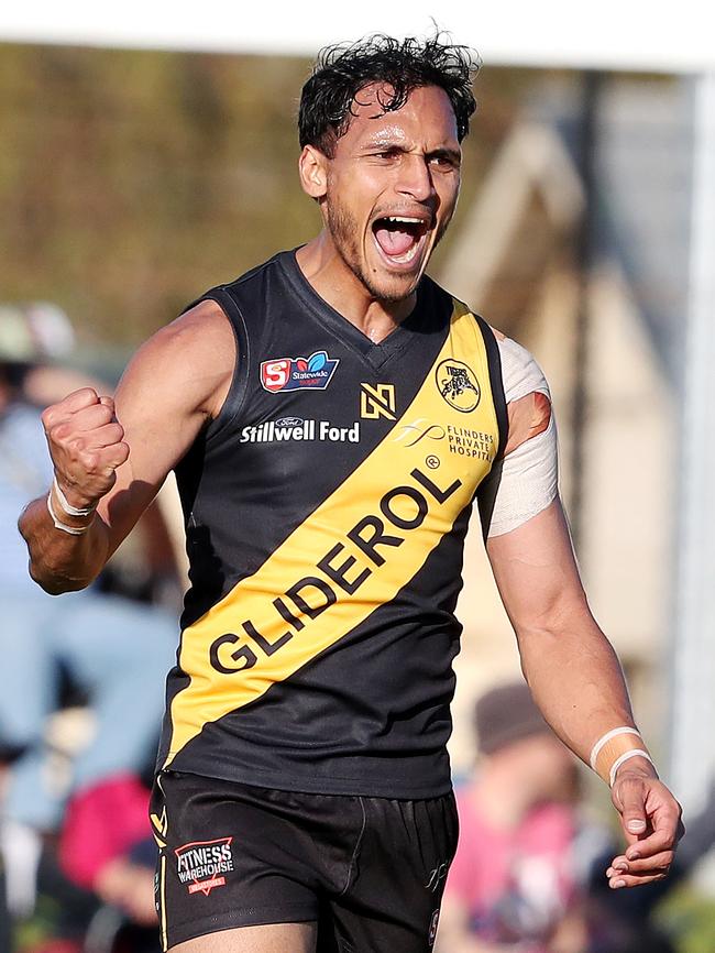 Marlon Motlop scores a goal for Glenelg against West Adelaide last September. Picture: Sarah Reed