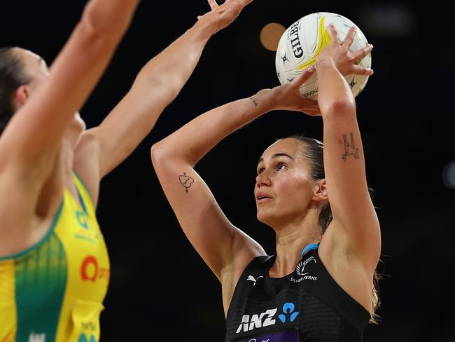 PERTH, AUSTRALIA - OCTOBER 27: Ameliaranne Ekenasio of New Zealand in action during game three of the Constellation Cup between Australia Diamonds and Silver Ferns at RAC Arena on October 27, 2024 in Perth, Australia. (Photo by Paul Kane/Getty Images)