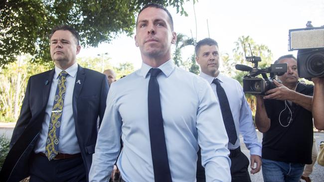 NT Police Association president Paul McCue, left, with constable Zachary Rolfe at the Supreme Court in Darwin on Monday. Picture: AAP