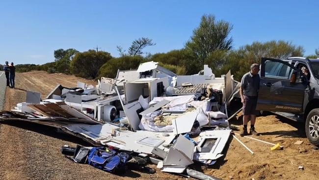 The caravan was left in pieces after the incident. Picture: Dashcam Owners Australia