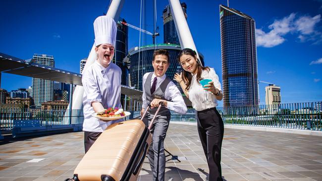 Apprentice chef Ava Linaker-Bates, Concierge Aidan Richardson and Assistant venue manager Gina Kang. Picture: Nigel Hallett