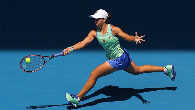 Ashleigh Barty plays a forehand during her quarter-final win over Petra Kvitova