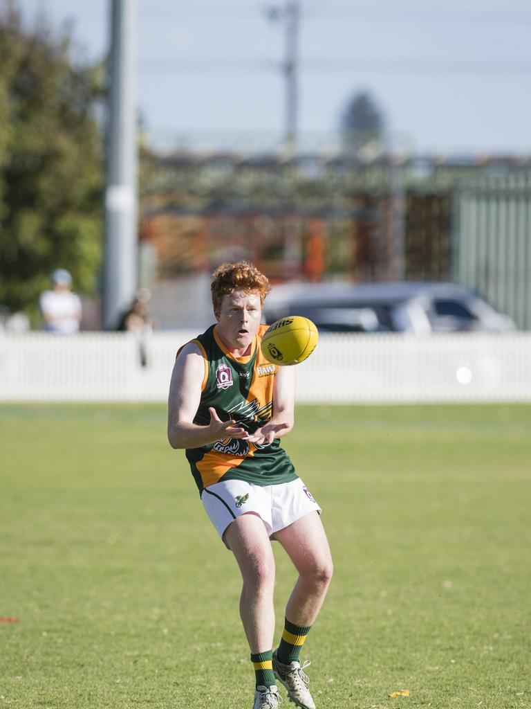 Conor McMahon of Goondiwindi Hawks against Coolaroo in AFL Darling Downs Allied Cup senior men grand final at Rockville Park, Saturday, September 2, 2023. Picture: Kevin Farmer