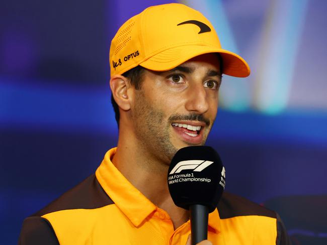 ABU DHABI, UNITED ARAB EMIRATES - NOVEMBER 17: Daniel Ricciardo of Australia and McLaren talks in a press conference during previews ahead of the F1 Grand Prix of Abu Dhabi at Yas Marina Circuit on November 17, 2022 in Abu Dhabi, United Arab Emirates. (Photo by Bryn Lennon/Getty Images)