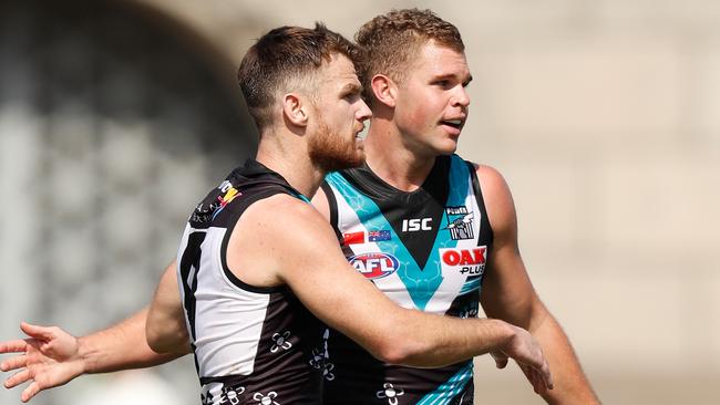 Season sensations Robbie Gray and Dan Houston celebrate a goal against St Kilda in Shanghai. Picture: Michael Willson/AFL Photos