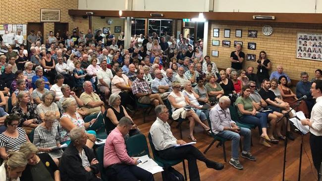 A packed meeting of residents attending a forum to discuss the Gold Coast City Council's City Plan, organised by Bonney MP Sam O'Connor (pictured far right).