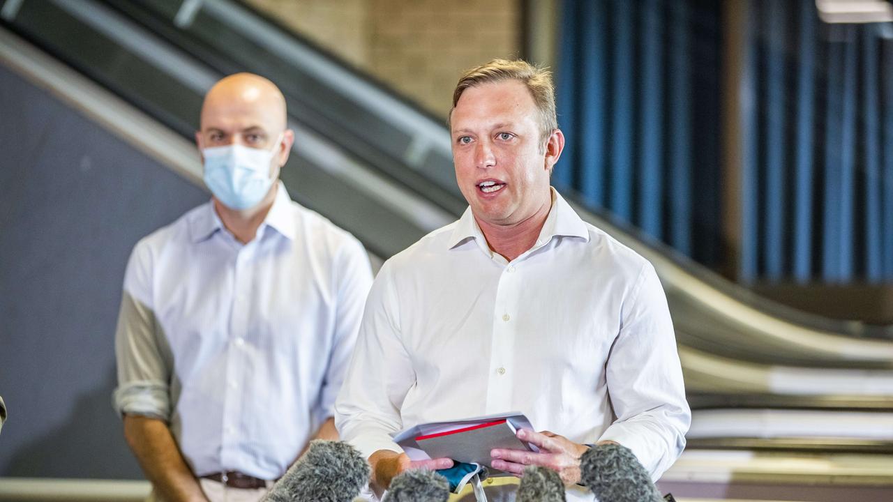 Deputy Premier Steven Miles, with chief health officer John Gerrard at Doomben Vaccination Clinic in Ascot on Sunday. Picture: Richard Walker