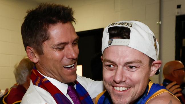 MELBOURNE, AUSTRALIA - SEPTEMBER 28: Simon Black (left) and Lachie Neale of the Lions celebrate during the 2024 AFL Grand Final match between the Sydney Swans and the Brisbane Lions at The Melbourne Cricket Ground on September 28, 2024 in Melbourne, Australia. (Photo by Michael Willson/AFL Photos via Getty Images)