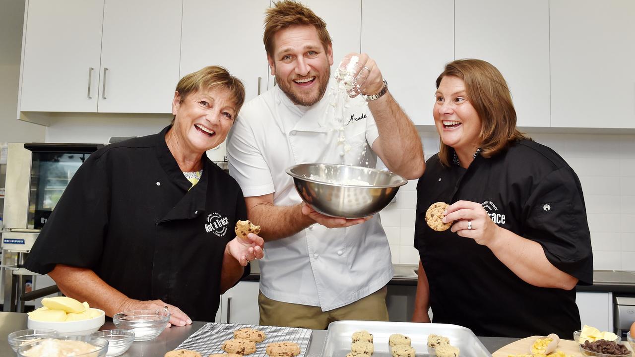 Coles Nurture Fund judge Curtis Stone checks out Not a Trace products with company director Samantha O’Brien and her daughter, head of research and development Barb O’Brien. Picture: Nicki Connolly