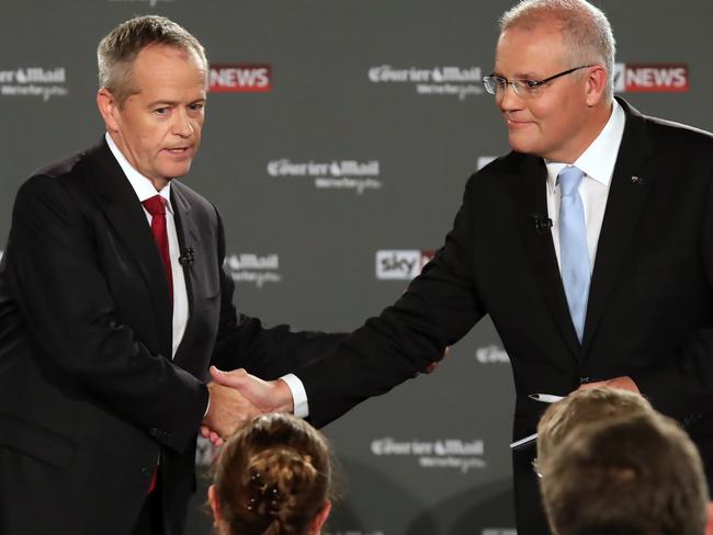 Prime Minister Scott Morrison and the Opposition Leader Bill Shorten during the Sky News/Courier Mail People's Forum in Brisbane. Picture: Gary Ramage/News Corp Australia