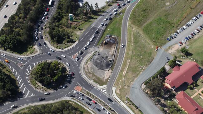 Aerial of Exit 54 at Upper Coomera showing the build up of traffic in the morning peak hour. Picture Mike Batterham