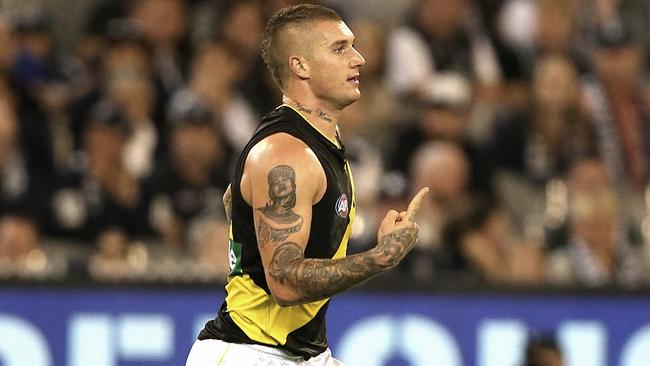 Dustin Martin kicks a goal in the fourth term. Picture: Wayne Ludbey