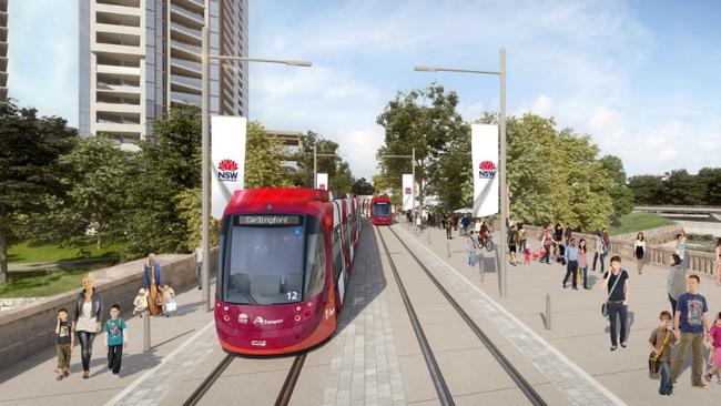 An artist impression of the Parramatta Light Rail from the Lennox St bridge at Parramatta.