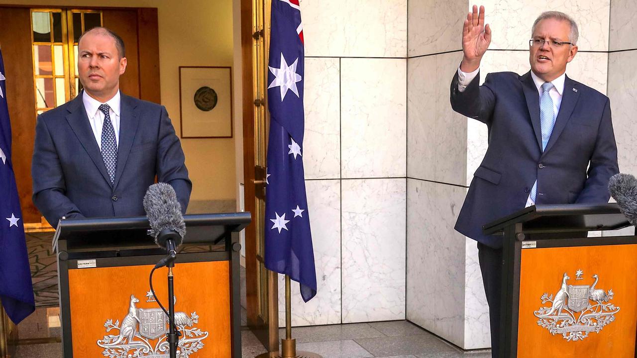 Treasurer Josh Frydenberg and Prime Minister Scott Morrison on Sunday. Picture: David Gray / AFP