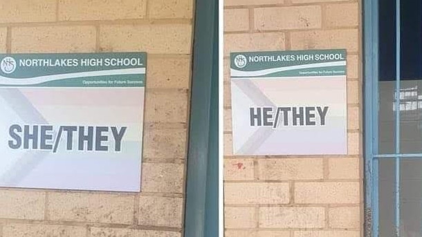 A Central Coast high school has been accused of ‘going woke’ with new toilet signs. Picture: Facebook