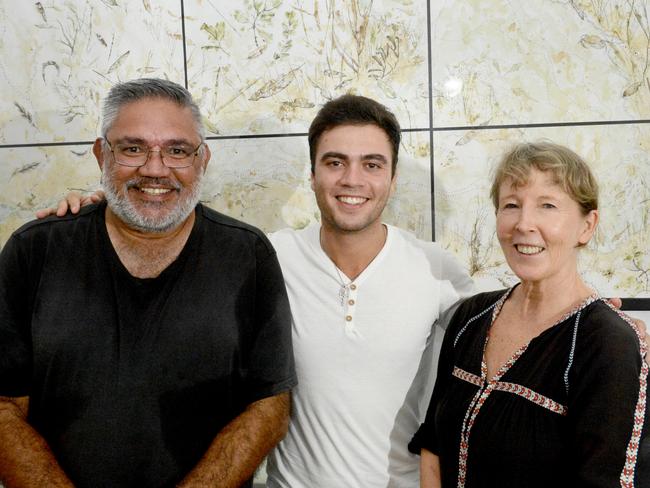 Norm Graham, Nathan Galluzzo and Professor Penny Allen (of UTS) at the exhibition at the Byron Lighthouse Cottage. Picture: Liana Boss