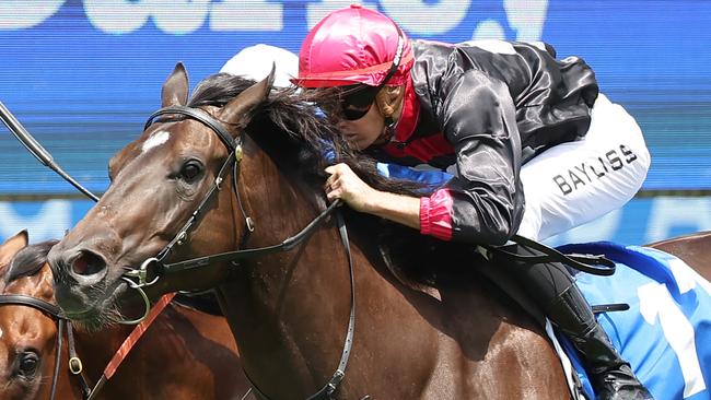 SYDNEY, AUSTRALIA - FEBRUARY 08: Regan Bayliss riding Bellazaine win Race 3 Darley Lonhro Plate during "Inglis Millennium Day" - Sydney Racing at Royal Randwick Racecourse on February 08, 2025 in Sydney, Australia. (Photo by Jeremy Ng/Getty Images)