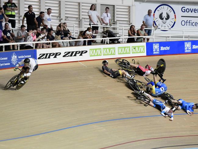 11.1.19 - Matthew Glaetzer wins the Men's Keirin race after he manages to escape the pack as they crash down during The Advertiser Track Down Under TDU event, at the Adelaide Superdrome, Gepps Cross.Picture: Bianca De Marchi