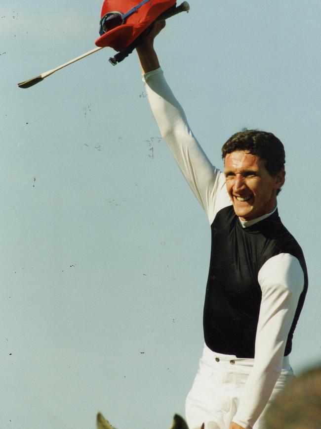 Jockey Greg Hall celebrates winning the Cox Plate in 1992.