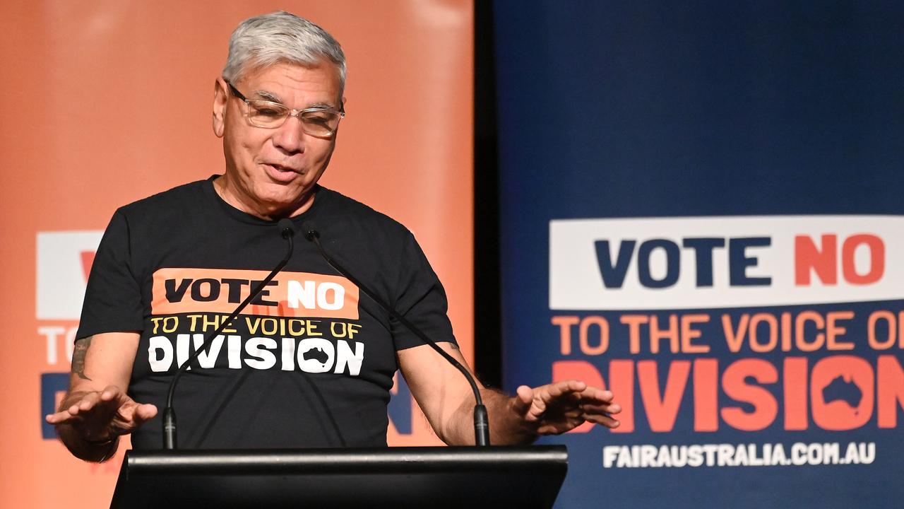 Indigenous leader Nyunggai Warren Mundine took a jab at Yes voters talking they had “been to Nimbin and had a few joints” during an address to the No campaign in Brisbane Picture: NCA NewsWire / John Gass