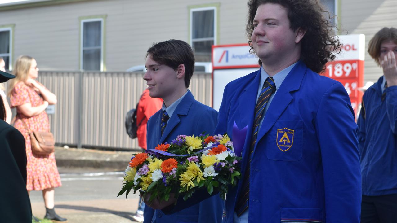 The captains of Trinity College Lismore lead their cohort through Main Street during the ANZAC DAY parade in Alstonville Picture: Nicholas Rupolo.