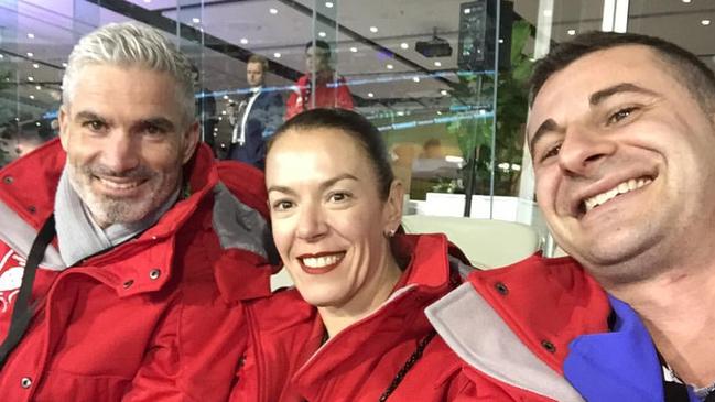 Missing Dover Heights woman Melissa Caddick with her husband Anthony Koletti (right) and retired soccer hero Craig Foster. Picture Facebook.