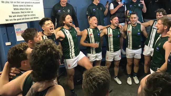 The Devils belt out the song after defeating Lilydale on the weekend. Picture: Wantirna South FC