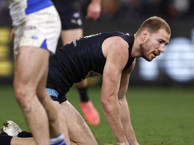 Harry McKay was left groggy following a heavy hit on Sunday night. Picture: Darrian Traynor/Getty Images.