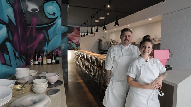 Tim and Sarah Scott at their new restaurant Joy in Bakery Lane. Picture: Mark Cranitch