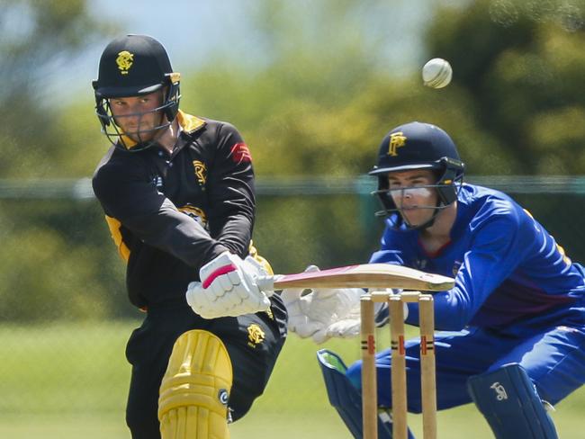 Premier Cricket Rd 2: Frankston Peninsula v Monash Tigers. Mitch Perry (Frankston) and Monash keeper Brody Eccles. Picture: Valeriu Campan