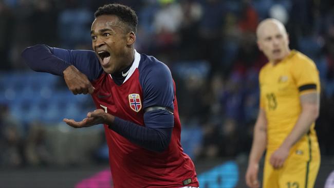 Ola Kamara of Norway celebrates after scoring his third against Australia.