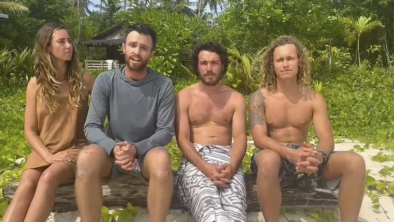 The four Australians that were lost at sea of Aceh after their boat went down in rough weather. They are seen here giving a combined statement of thanks to everyone involved in their search and rescue. (L-R) Steph Weisse, Elliot Foote, Will Teagle and Jordan Short .