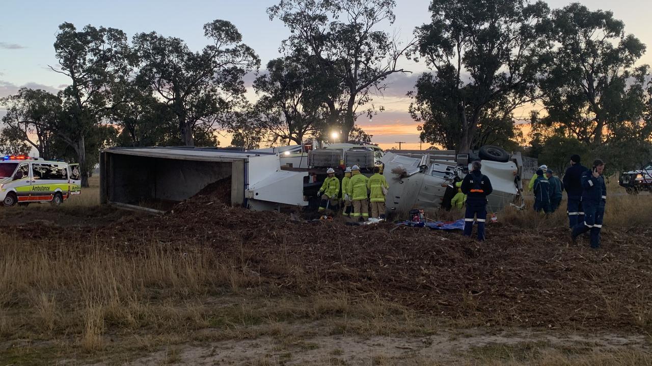 Four emergency service crews were dispatched to the scene of a truck rollover just after 6am this morning. Photo: Lifeflight Media