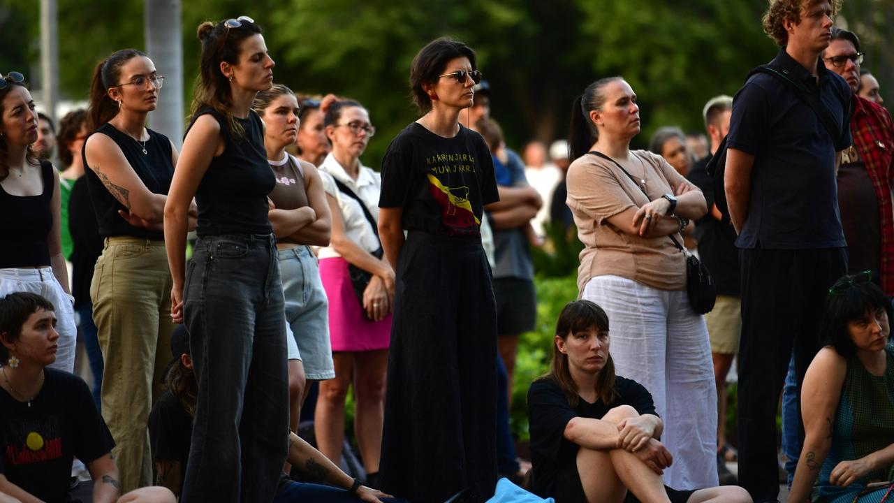 Hundreds of Top End residents gathered outside the NT Parliament on Wednesday for a vigil for Kumanjayi White, a 24-year-old Warlpiri man with a disability who died after being restrained by police in the Alice Springs Coles. Picture: Zizi Averill